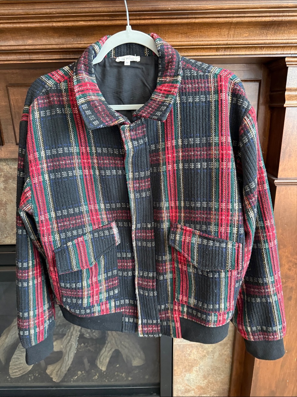 Plaid preppy button front bomber style jacket M schoolgirl academia grunge